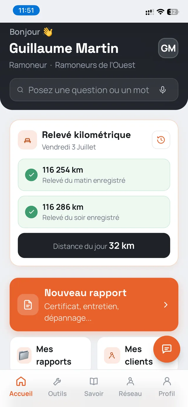 L'écran d'accueil de Ramoneur AI : relevé kilométrique du jour, création de rapport et accès rapides