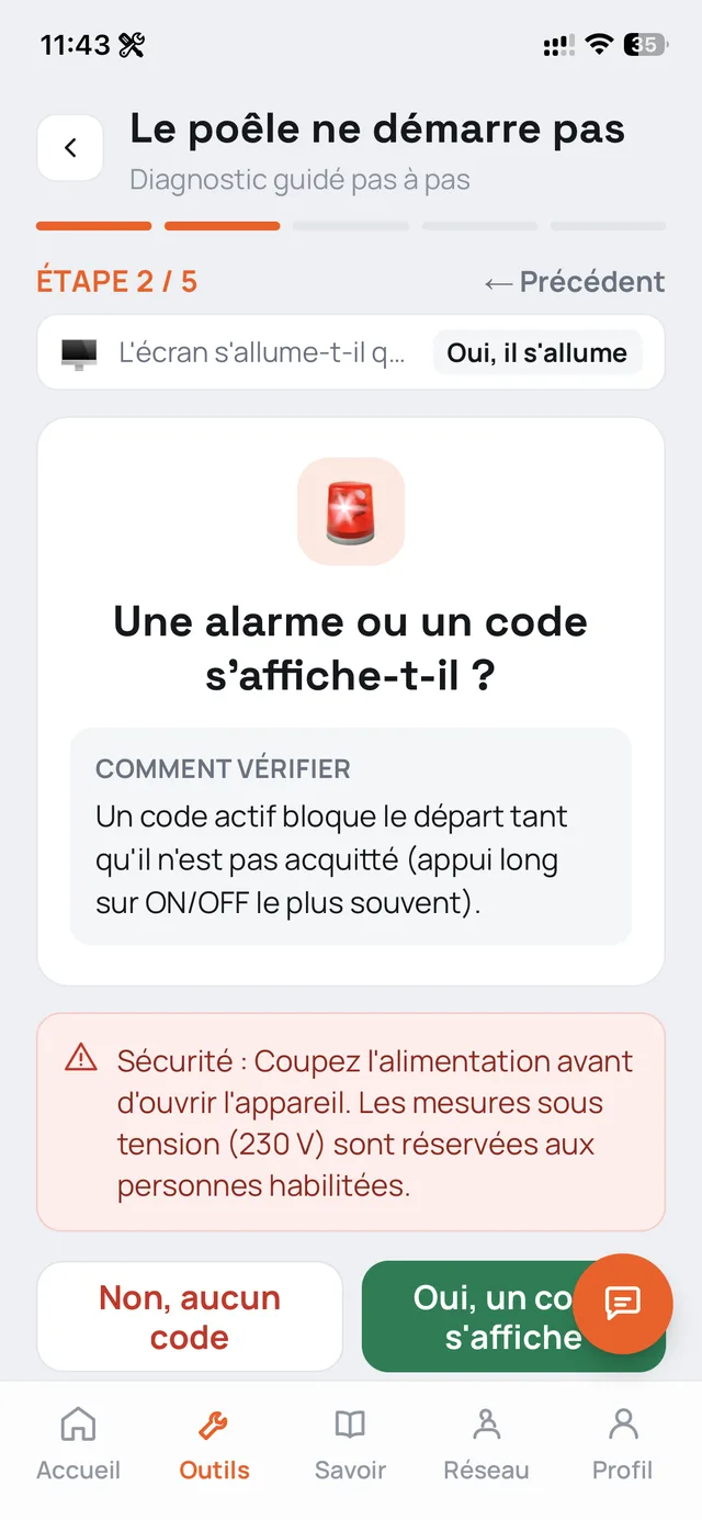Un diagnostic de dépannage étape 2 sur 5, avec la consigne de sécurité et comment vérifier