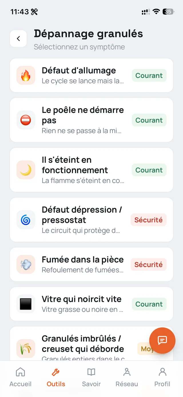La liste des symptômes de panne de poêle à granulés, du défaut d'allumage à la vitre qui noircit