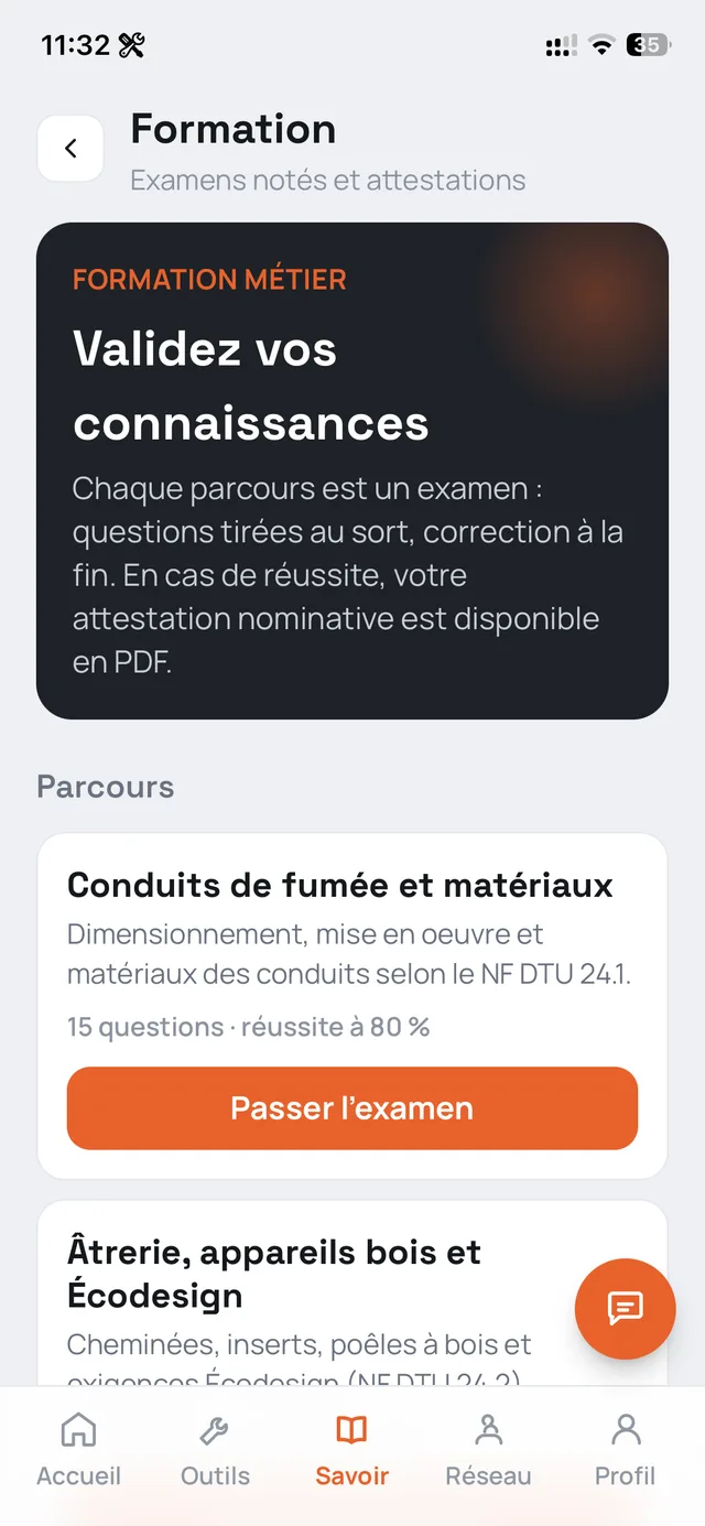 La formation métier : parcours d'examen avec questions tirées au sort et attestation nominative en PDF