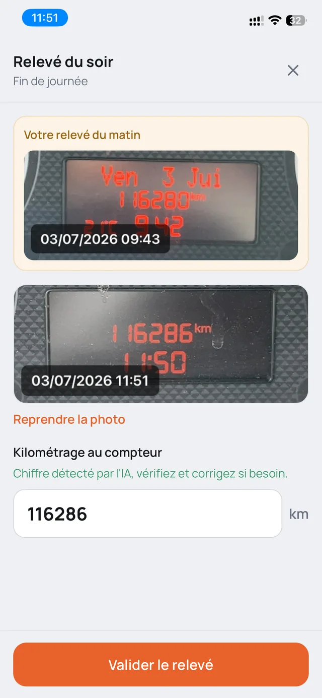 Le relevé du soir : photos du compteur du matin et du soir, kilométrage lu par l'IA