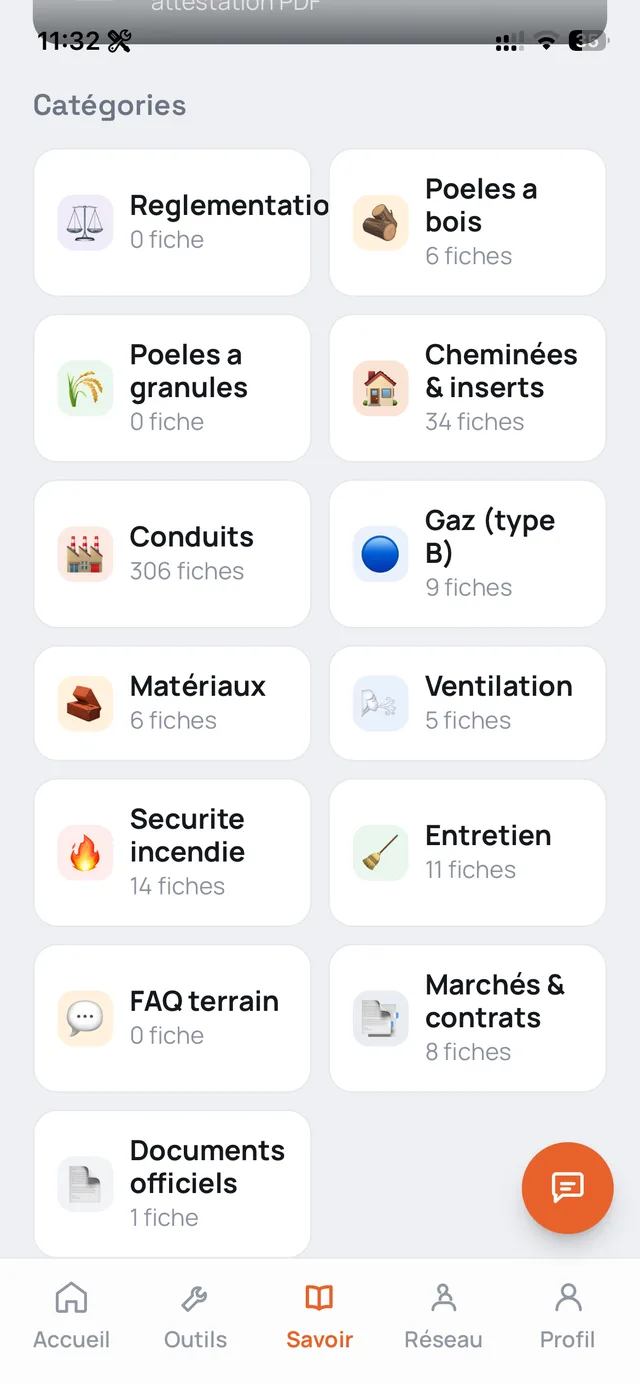 Les catégories de fiches : conduits, cheminées et inserts, gaz, matériaux, sécurité incendie
