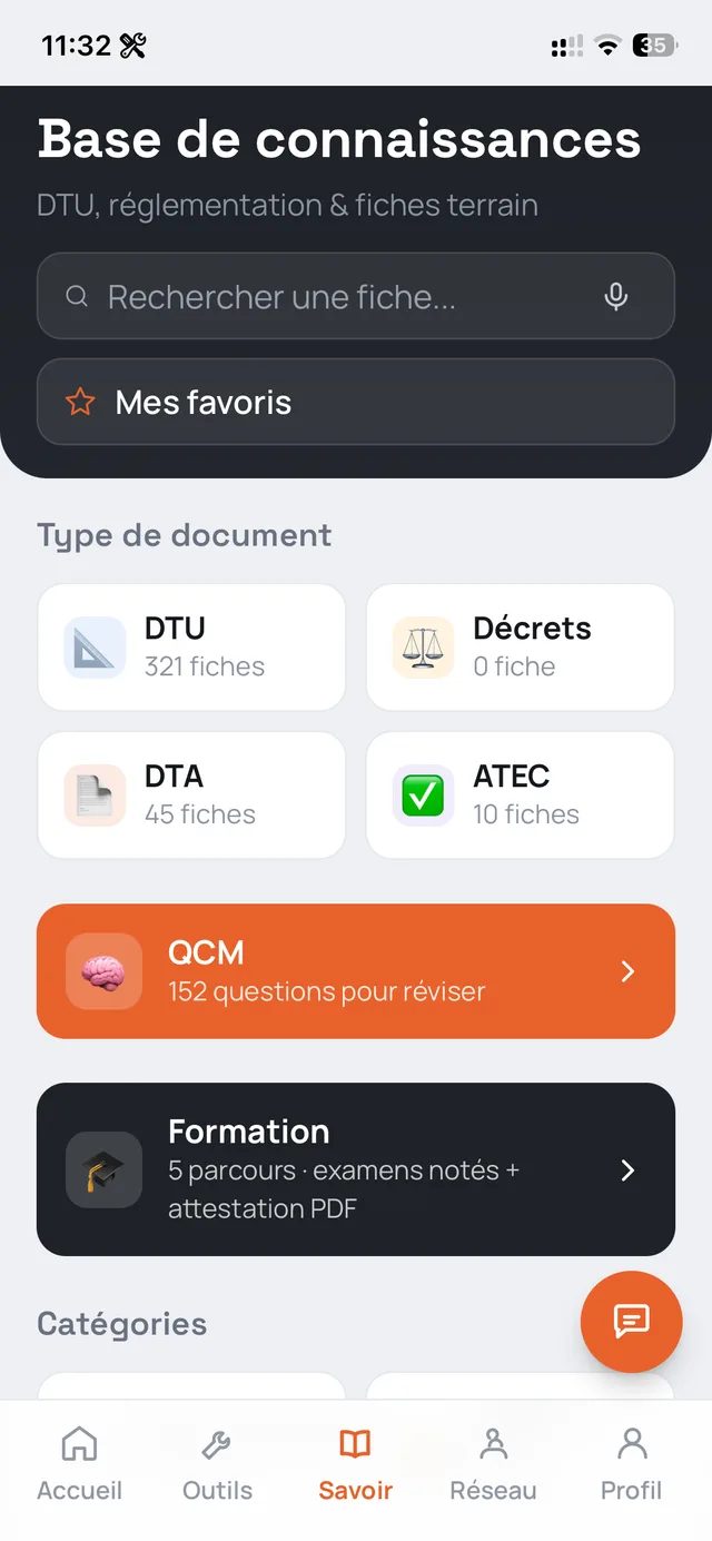 La base de connaissances : fiches DTU, décrets, DTA, ATEC, quiz et formation